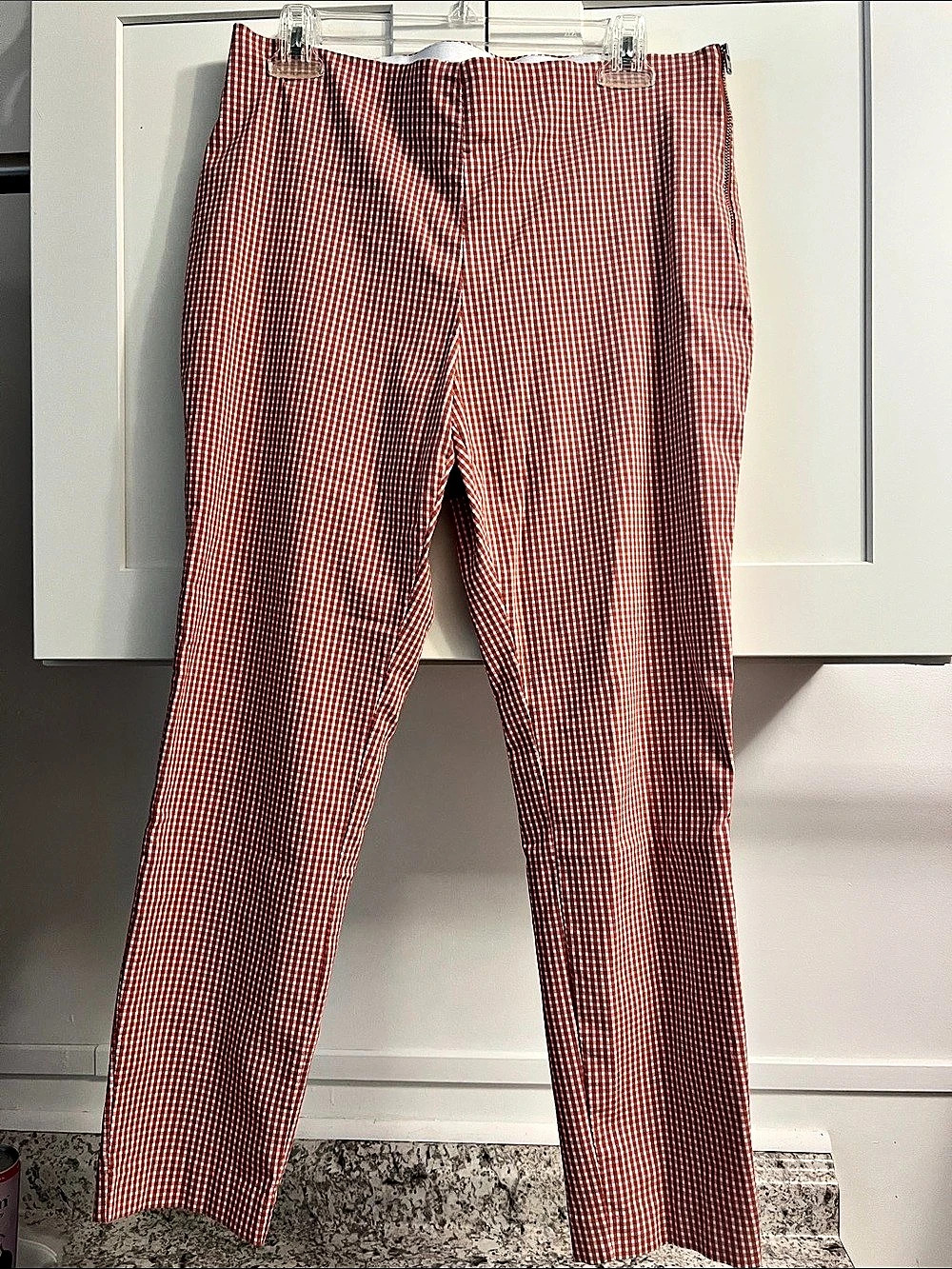 Gingham Straight Leg Pants in Brownish Red & White